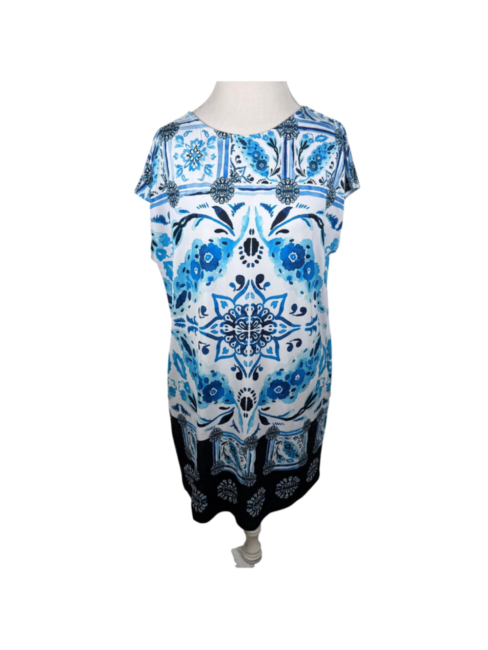 Mely New York Blue White Tile Print Shift Dress Mediterranean Beachy Size XL - Picture 2 of 10